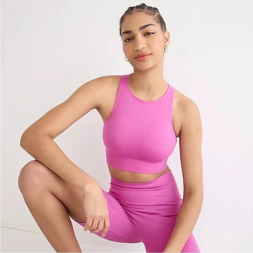 J. Crew Women's Sculpt Stretch High Sports Bra Hot Pink Magenta Crewneck Long‎
